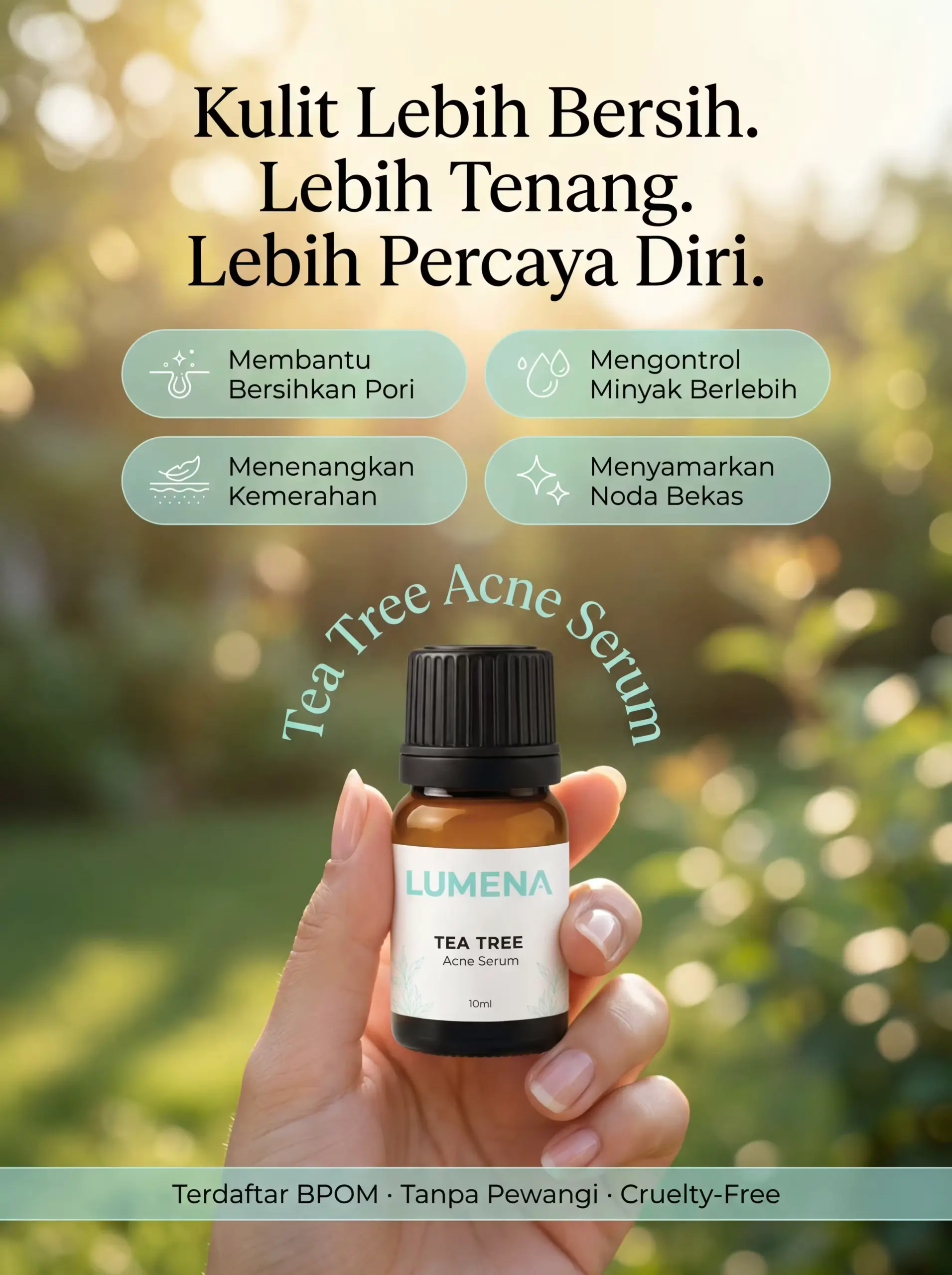 Manfaat Lumena Tea Tree Acne Serum: membantu bersihkan pori, mengurangi minyak berlebih, menenangkan kemerahan, dan menyamarkan noda bekas.