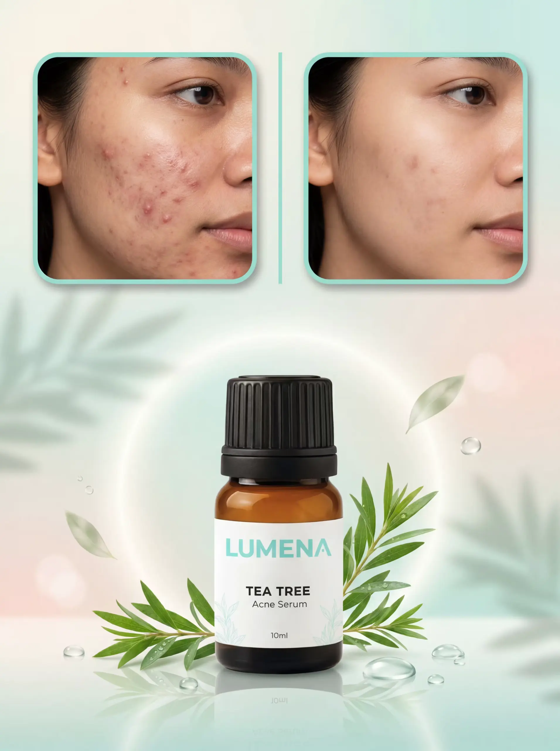 Botol Lumena Tea Tree Acne Serum dengan foto perbandingan kulit sebelum dan sesudah pemakaian.